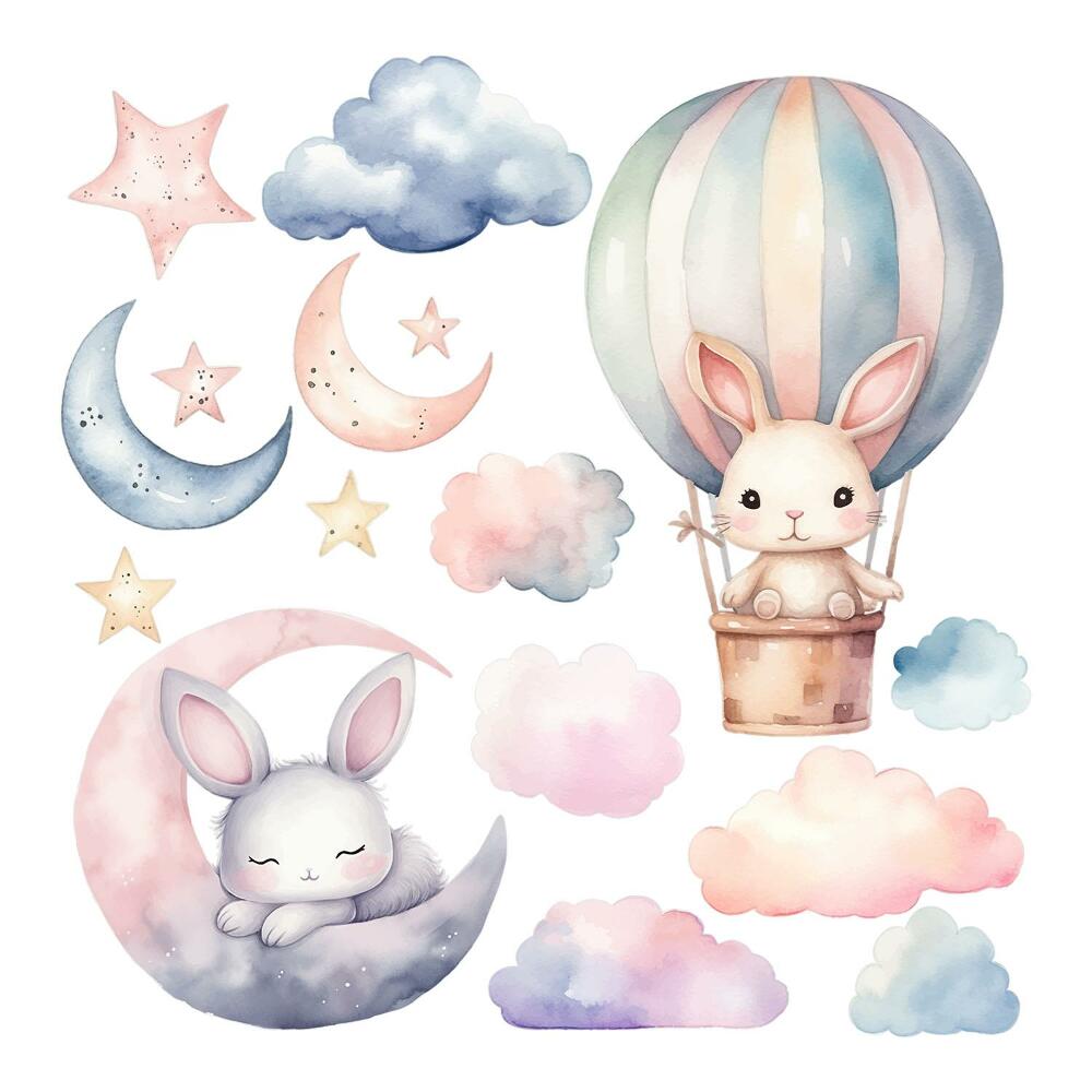 Dětské samolepky na zeď 100x133 Noční balónek s roztomilými akvarelovými králíky