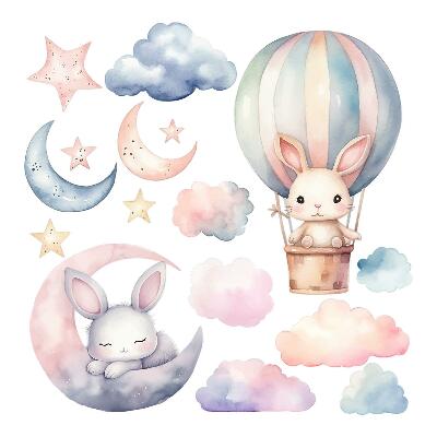 Dětské samolepky na zeď 100x133 Noční balónek s roztomilými akvarelovými králíky