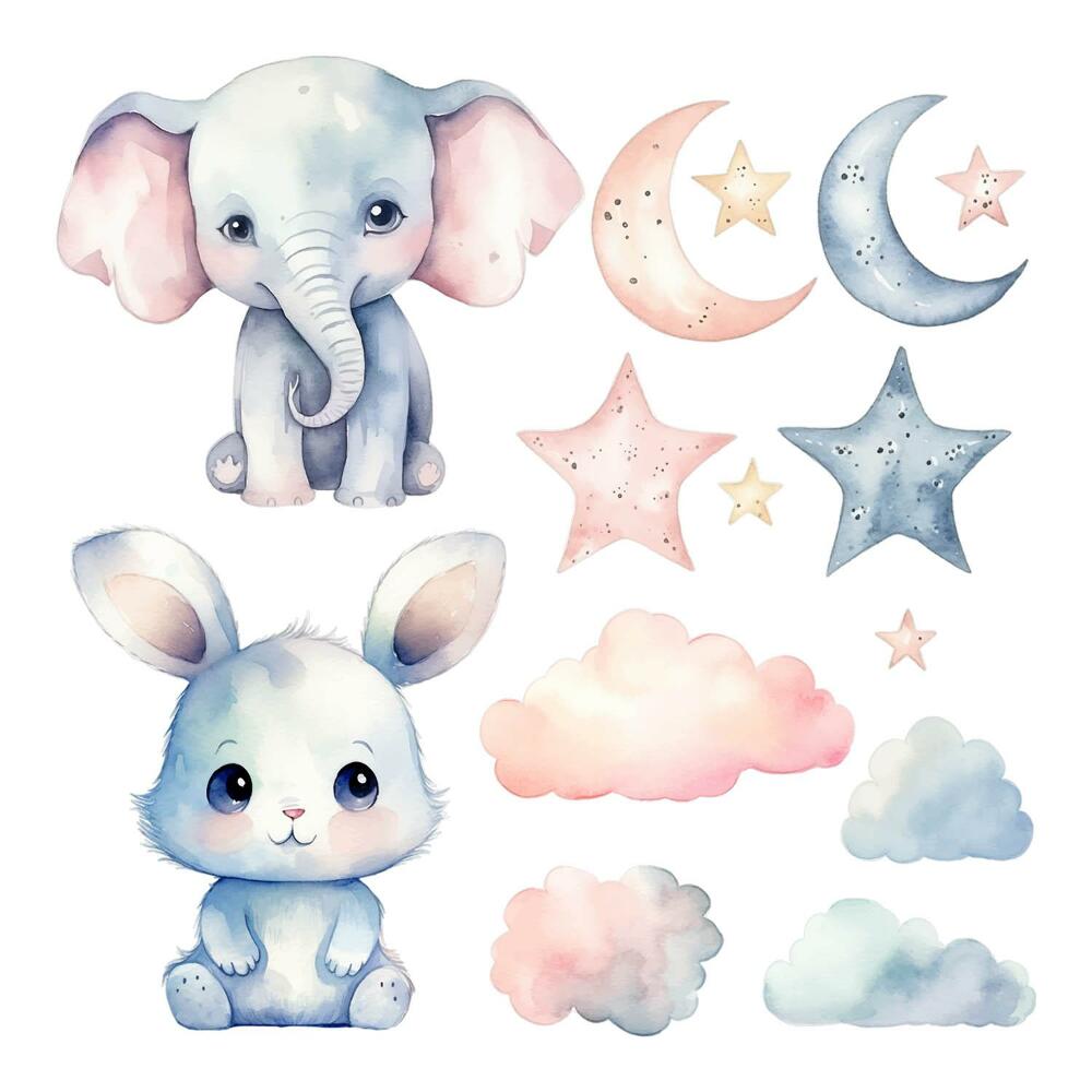 Dětské samolepky na zeď 100x172 Akvarelová zvířata v pastelových barvách noci