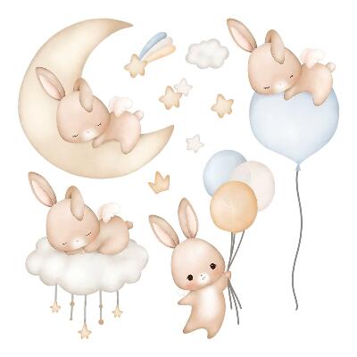 Dětské samolepky na zeď 100x88 Pastelové králíčci s balónky v noční scéně