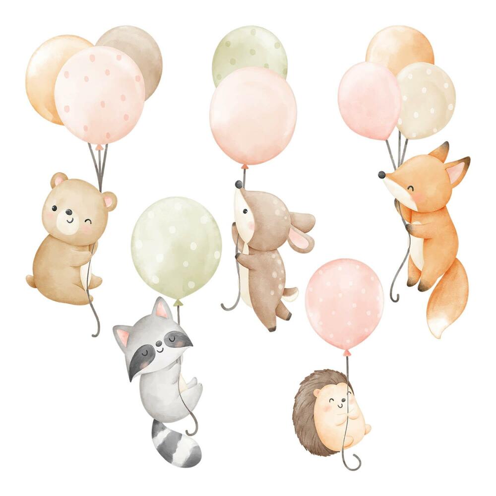 Dětské samolepky na zeď 100x155 Pastelová zvířata v akvarelových balóncích