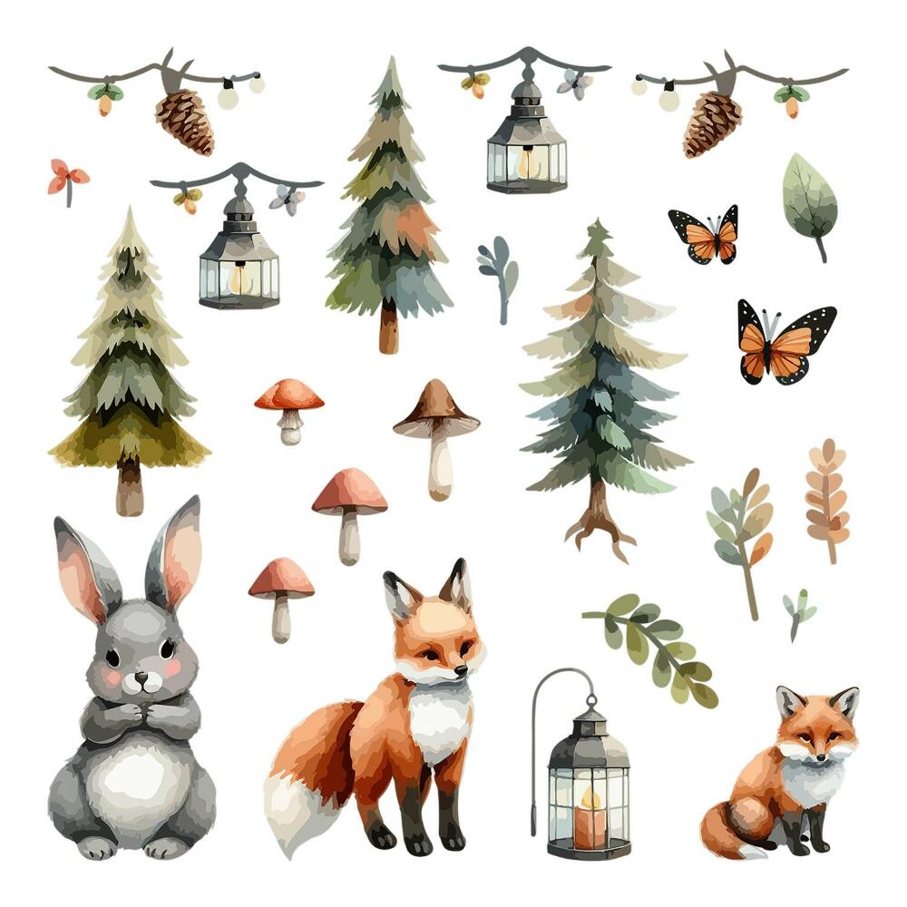 Dětské samolepky na zeď 100x108 Akvarelové boho vzory s motivy fauny a flóry