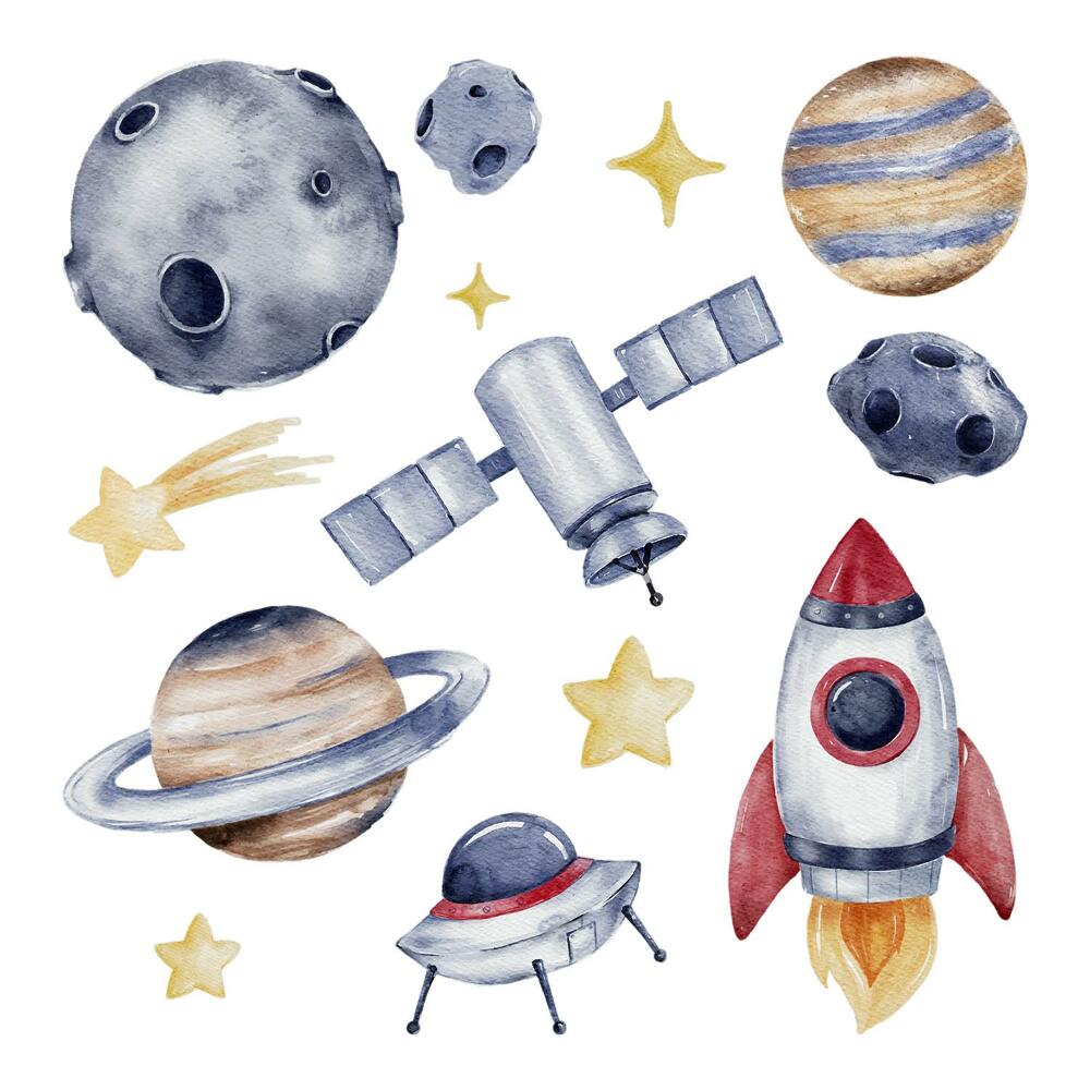 Dětské samolepky na zeď 100x146 Akvarelové planety v galaktickém stylu