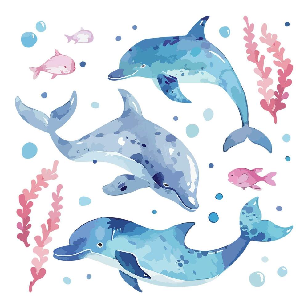 Dětské samolepky na zeď 100x155 Pastelový akvarel delfínů v podmořském prostředí