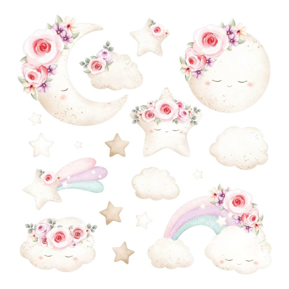 Dětské samolepky na zeď 100x138 Pastelové akvarelové vzory s květinami a oblohou