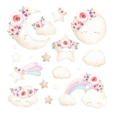 Dětské samolepky na zeď 100x138 Pastelové akvarelové vzory s květinami a oblohou