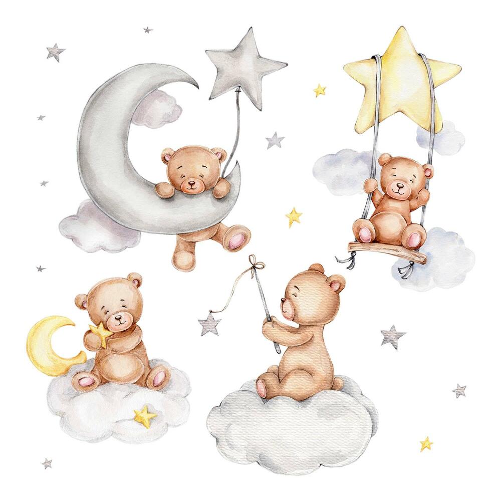 Dětské samolepky na zeď 100x177 Pastelové medvídky v oblacích akvarel