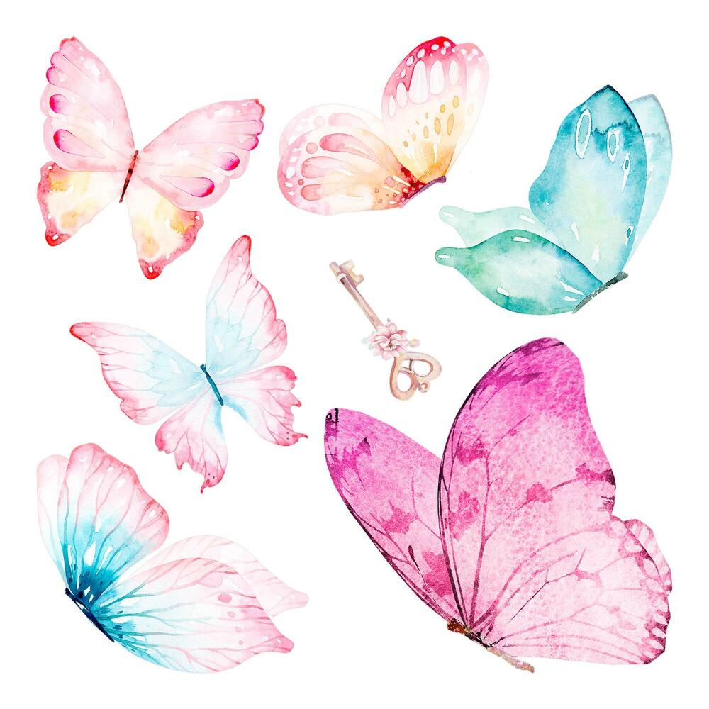 Dětské samolepky na zeď 100x161 Motýli v pastelových barvách s klíčem v pozadí