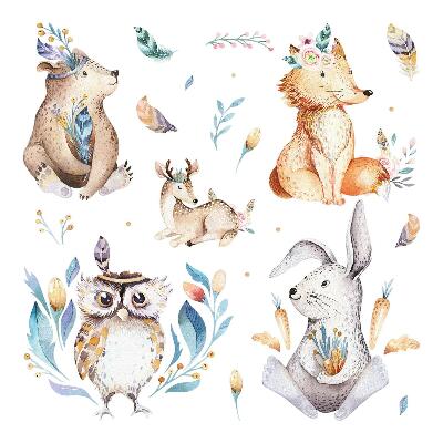 Dětské samolepky na zeď 100x120 Boho akvarel zvířata v lesních barvách