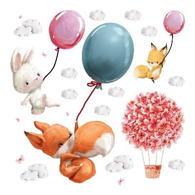 Dětské samolepky na zeď 100x127 Pastelově akvarelová zvířata s balónky v oblacích