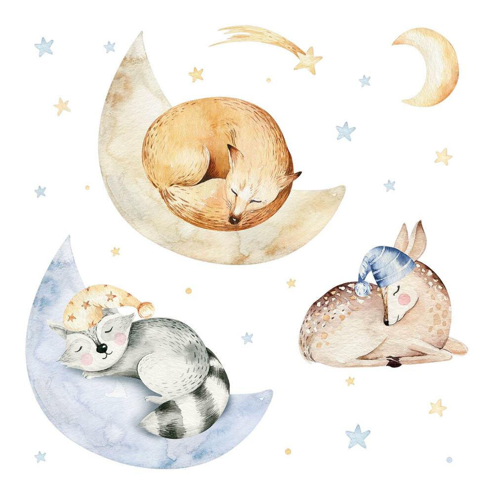 Dětské samolepky na zeď 100x144 Akvarelová lesní zvířata v pastelovém prostoru