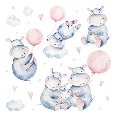 Dětské samolepky na zeď 100x169 Roztomilí hroši obklopení mraky a balónky