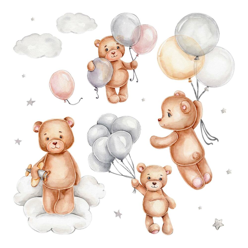 Dětské samolepky na zeď 100x150 Pastelové medvídky s balónky v oblacích