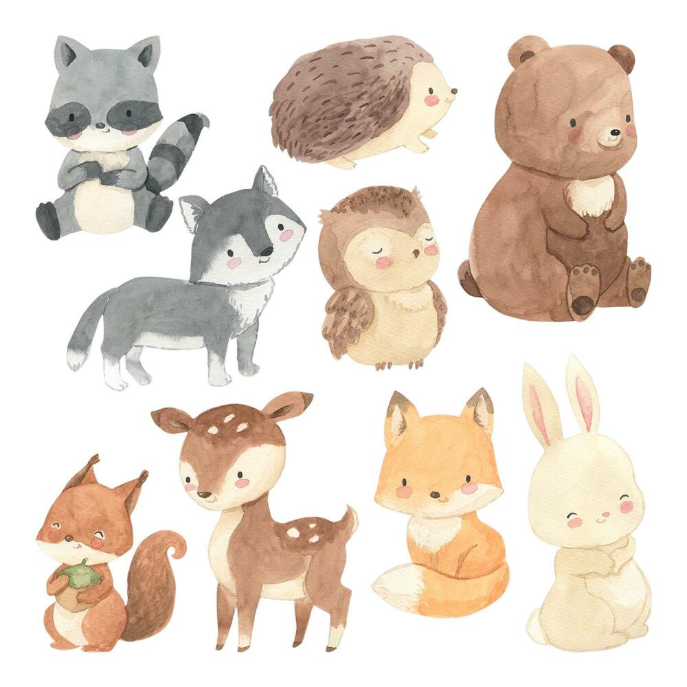 Dětské samolepky na zeď 100x174 Roztomilé akvarelové ilustrace lesních zvířat
