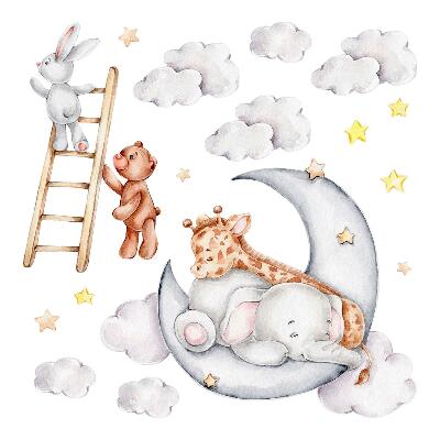 Dětské samolepky na zeď 100x136 Měsíční akvarely se zvířaty a mraky