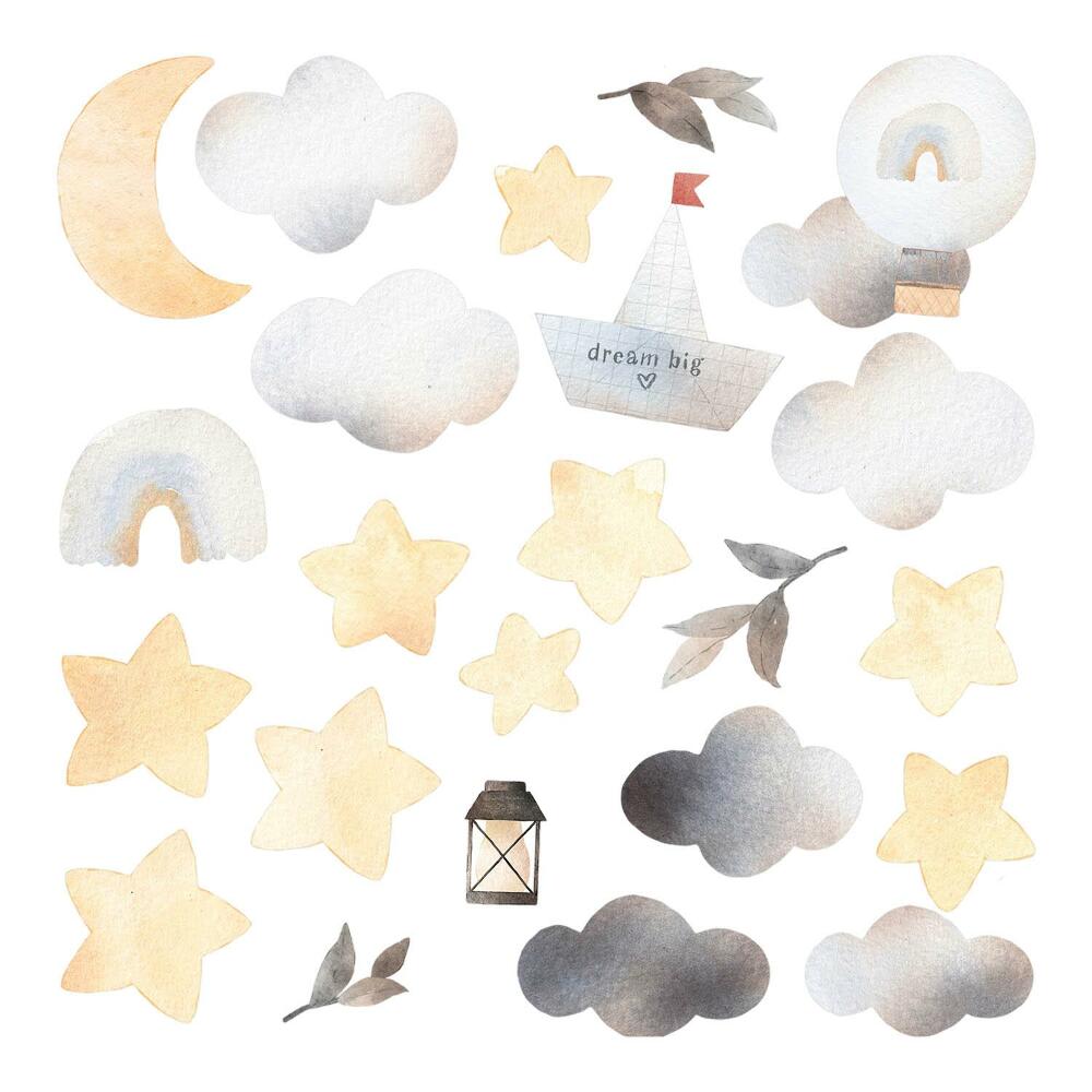 Dětské samolepky na zeď 100x118 Akvarelové nebeské prvky v pastelových odstínech