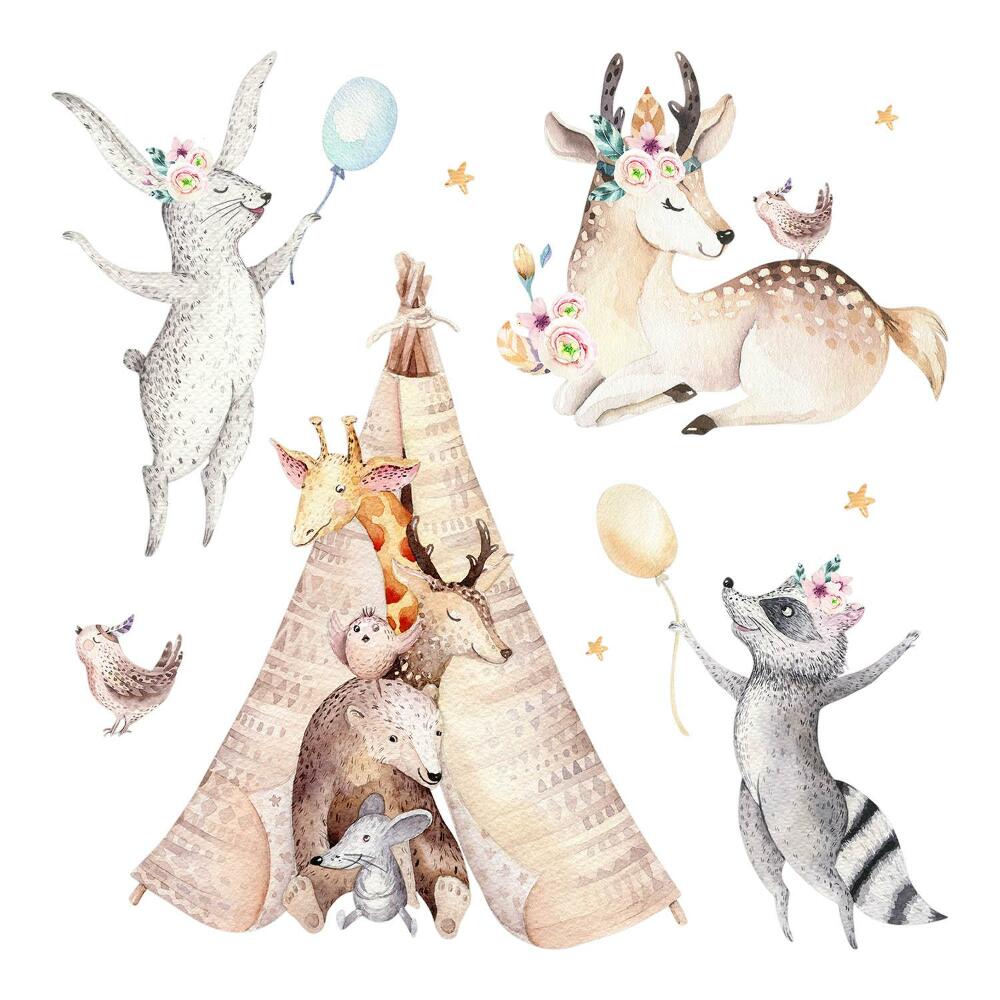 Dětské samolepky na zeď 100x162 Okouzlující zvířata v pastelovém lesním prostředí