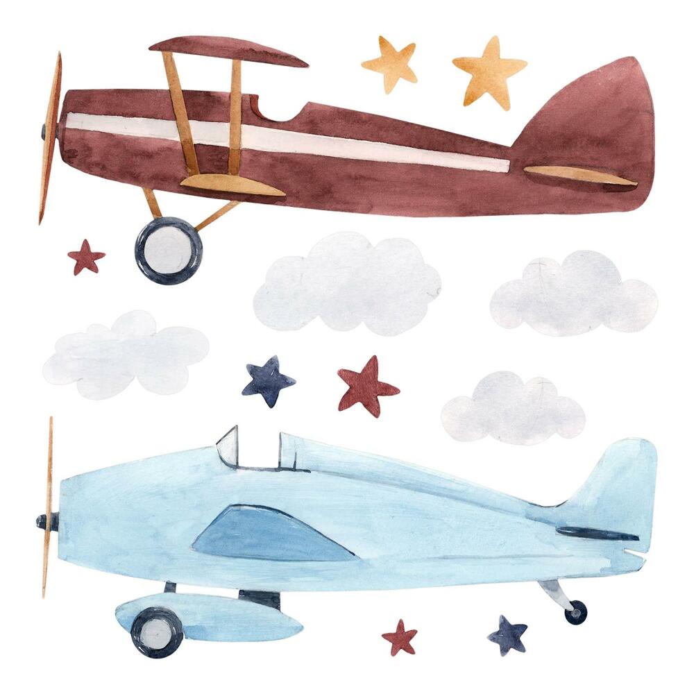 Dětské samolepky na zeď 100x124 Mračná letadla a hvězdy ve stylu akvarelu