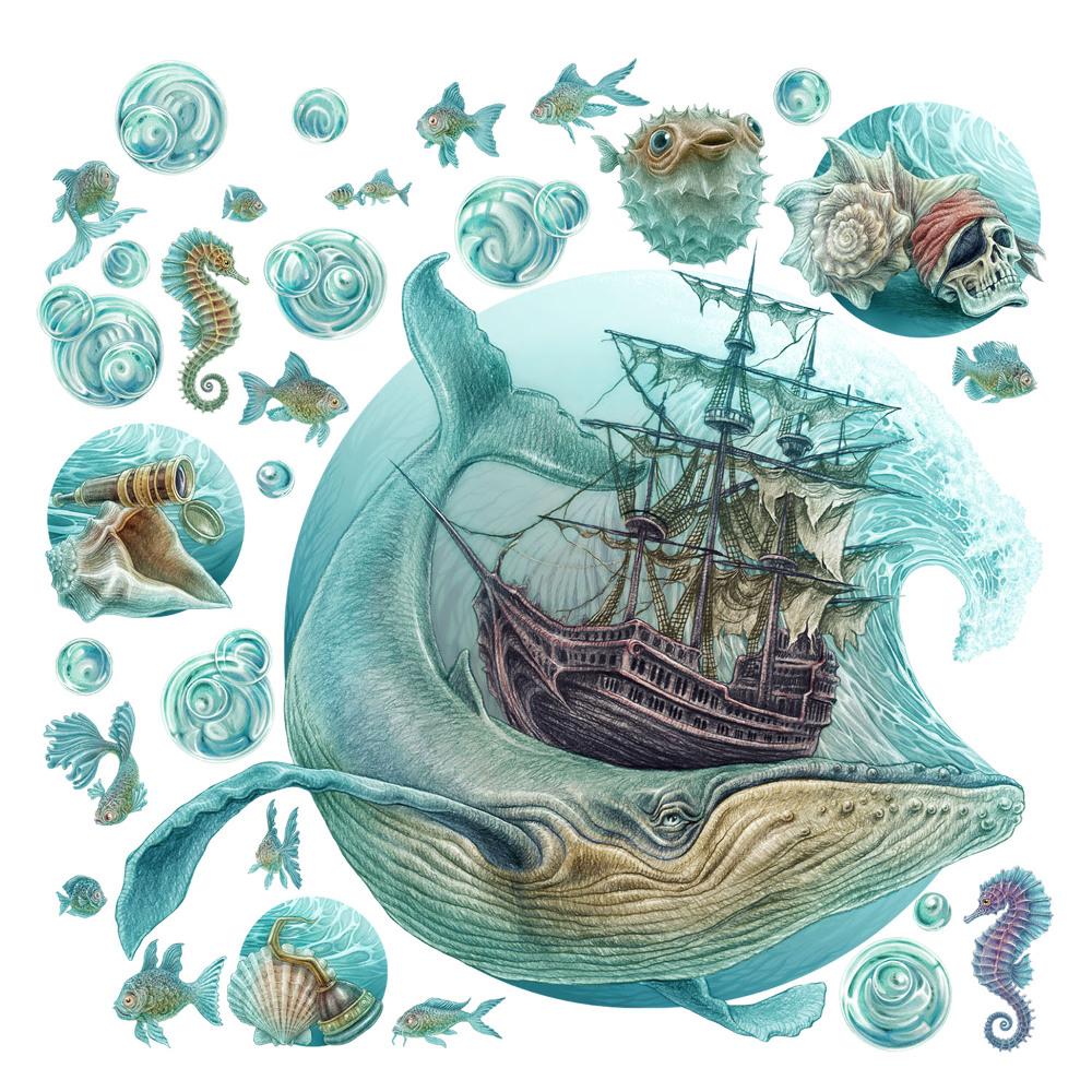 Dětské samolepky na zeď 100x118 Mořský příběh s pastelovými zvířaty