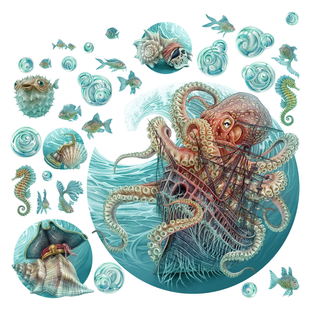 Dětské samolepky na zeď 100x116 Podvodní království chobotnic v pastelových barvách