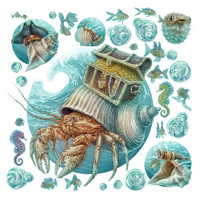 Dětské samolepky na zeď 100x105 Stylizovaná mořská zvířata v pastelových barvách