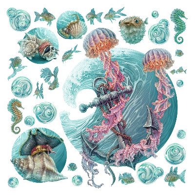 Dětské samolepky na zeď 100x103 Kreslený svět mořských živočichů v pastelových barvách
