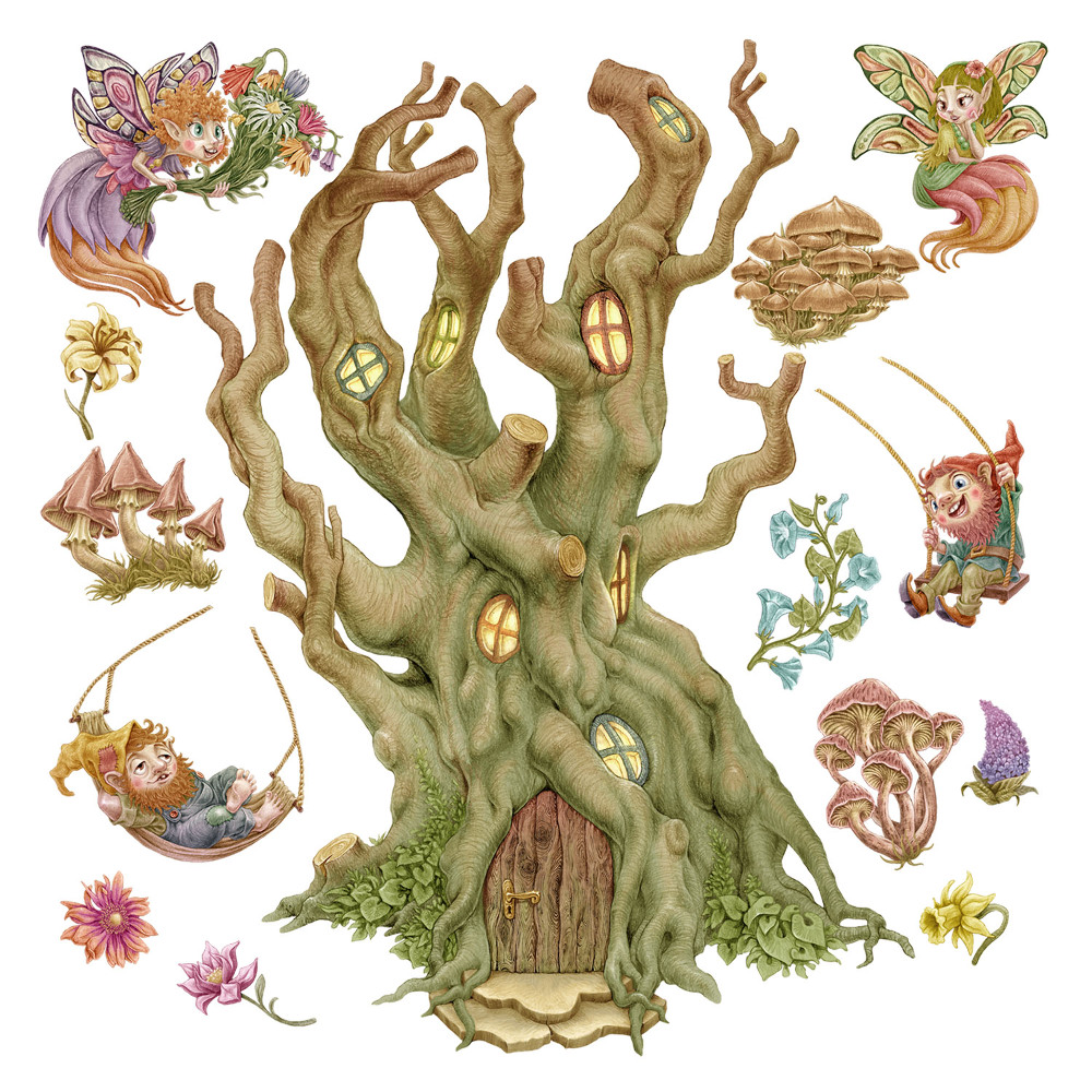 Dětské samolepky na zeď 100x161 Trpaslíci a víly v pastelovém lese