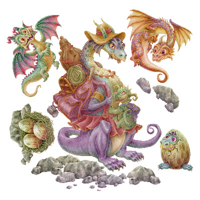 Dětské samolepky na zeď 100x122 Pohádkové draky v kresleném stylu s barvami