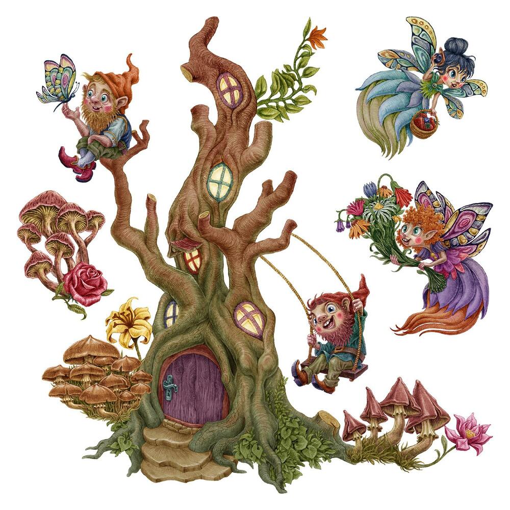 Nálepky na zeď 130x135 Trpaslíci a víly v lesním prostředí