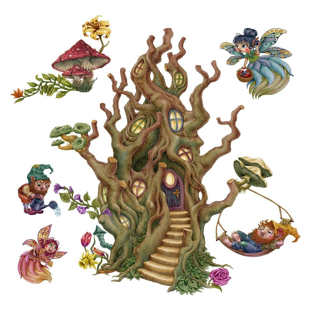 Nálepky na zeď 130x173 Kouzelné lesní bytosti a domeček na stromě