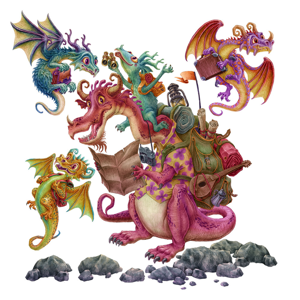 Nálepky na zeď 130x174 Kreslení draci v barevném pohádkovém prostředí