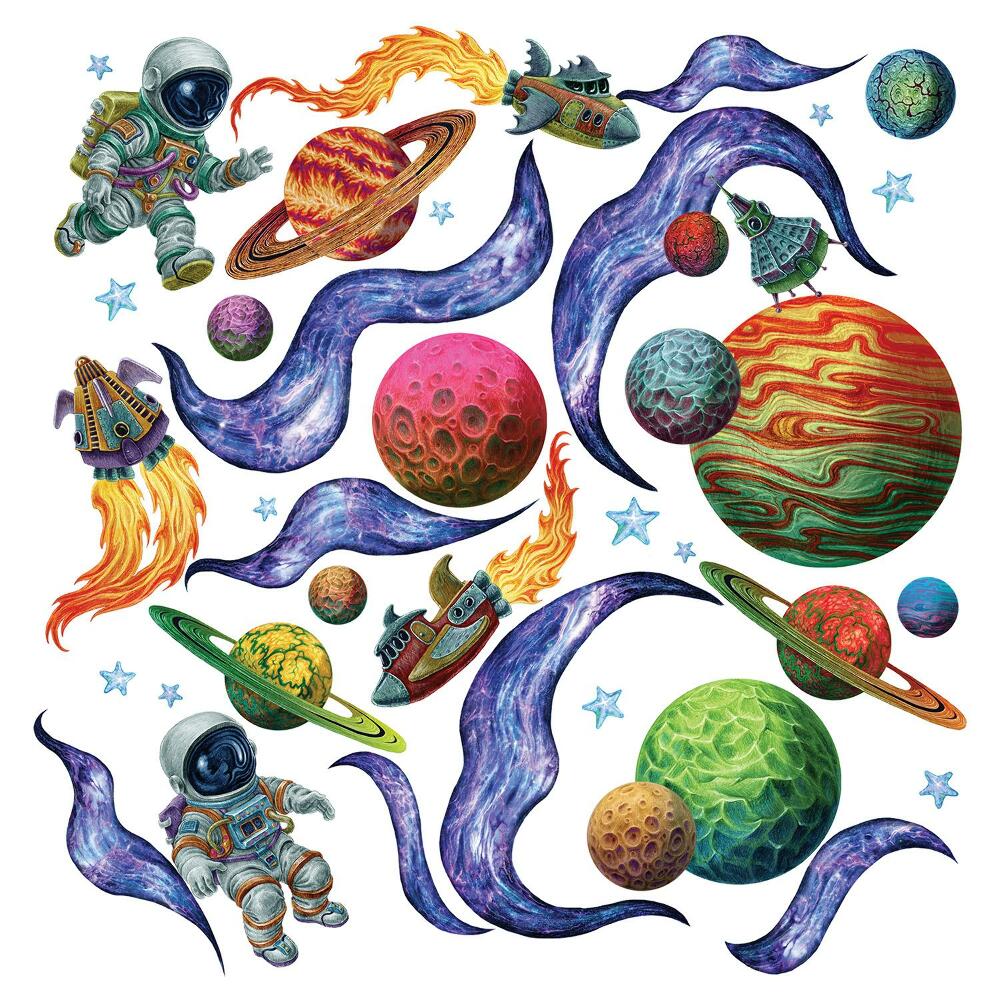 Nálepky na zeď 130x201 Kreslený vesmír s raketou a astronauty