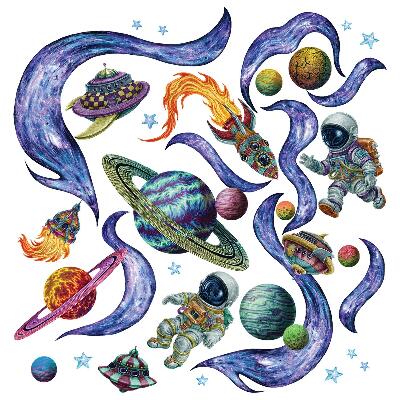 Nálepky na zeď 130x195 Astronauti a rakety v galaktické kresbě