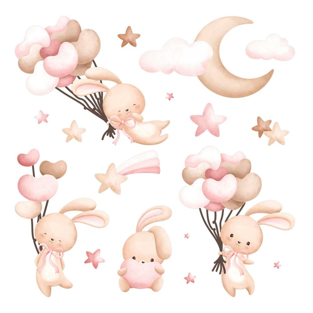 Nálepky na zeď 130x234 Pasteloví zajíčci s balónky ve stylu akvarelu