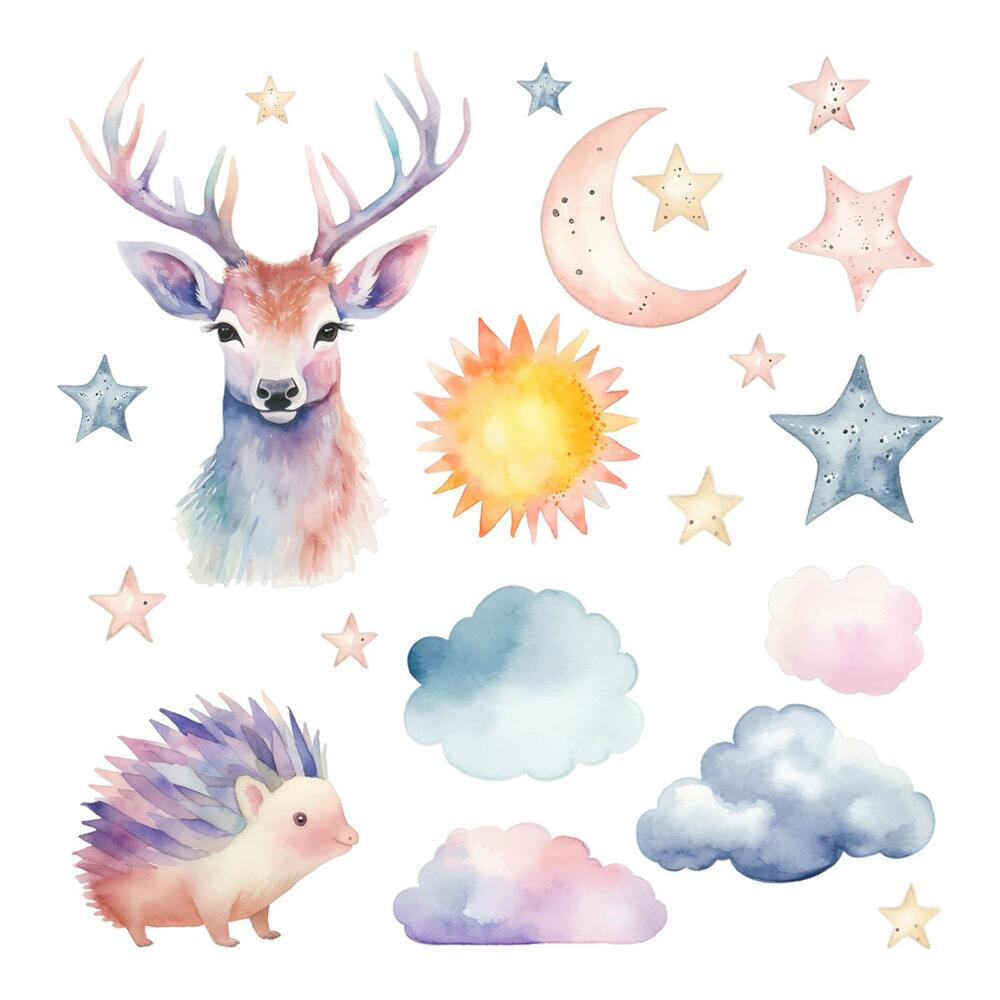 Nálepky na zeď 130x143 Zvířata a obloha ve stylu akvarelu