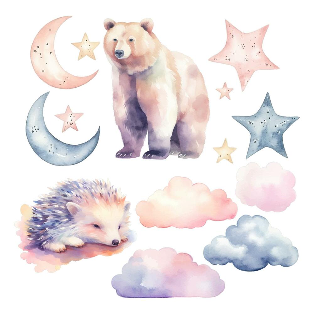 Nálepky na zeď 130x232 Pastelová zvířata a noční obloha v akvarelové atmosféře
