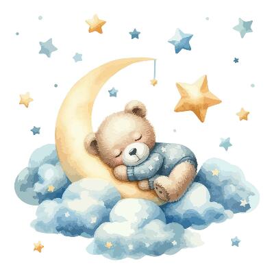 Nálepky na zeď 130x124 Medvídek v pastelovém snu na oblacích a hvězdách