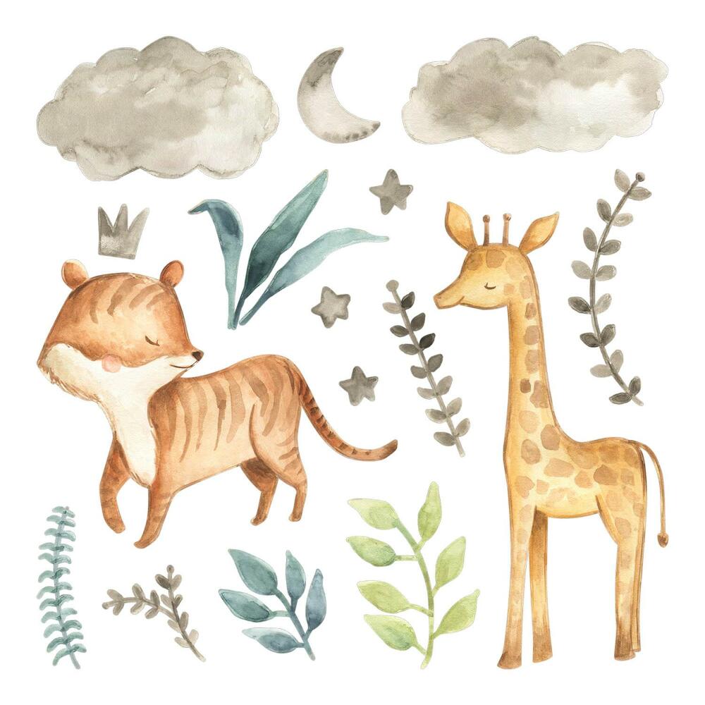 Nálepky na zeď 130x215 Akvarelové safari s rostlinami a zvířaty
