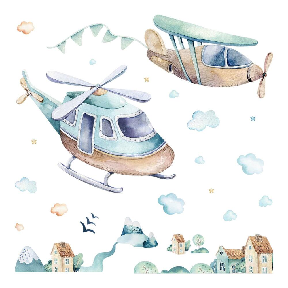 Nálepky na zeď 130x188 Akvarelový motiv vrtulníku a letadla nad městem