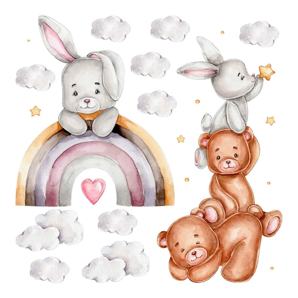 Nálepky na zeď 130x218 Rozkošní zajíčci a obláčky v jemných barvách