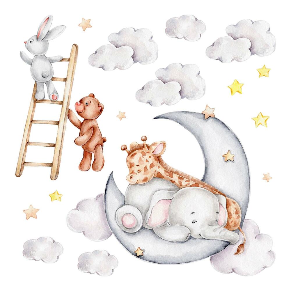 Nálepky na zeď 130x177 Měsíční akvarely se zvířaty a mraky