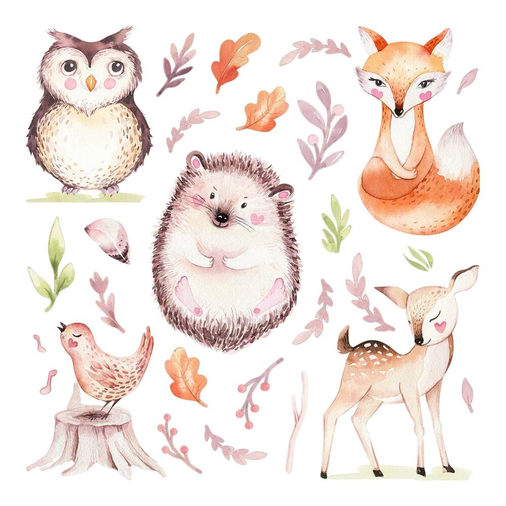 Nálepky na zeď 130x154 Pastelová zvířata a rostliny v lesním stylu