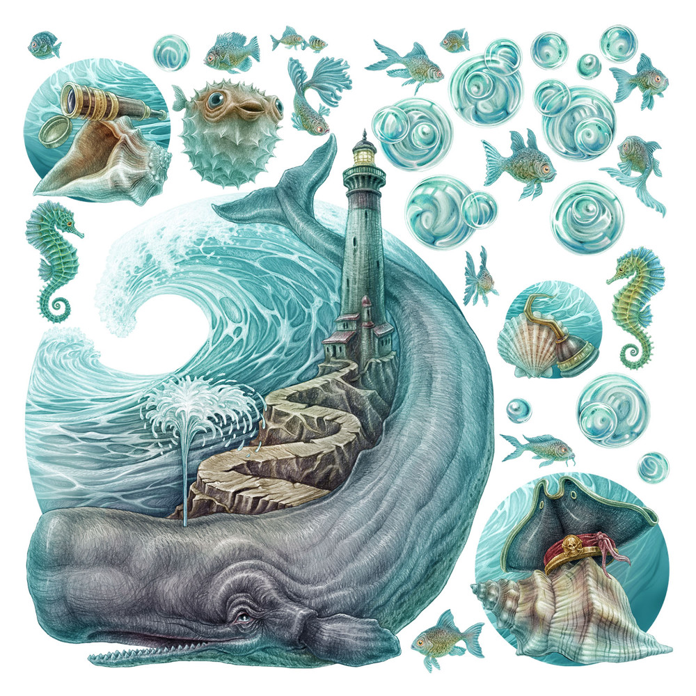 Nálepky na zeď 130x149 Kreslený svět mořských živočichů v pastelových barvách