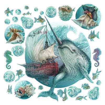 Nálepky na zeď 130x134 Podvodní země s pastelovými loděmi