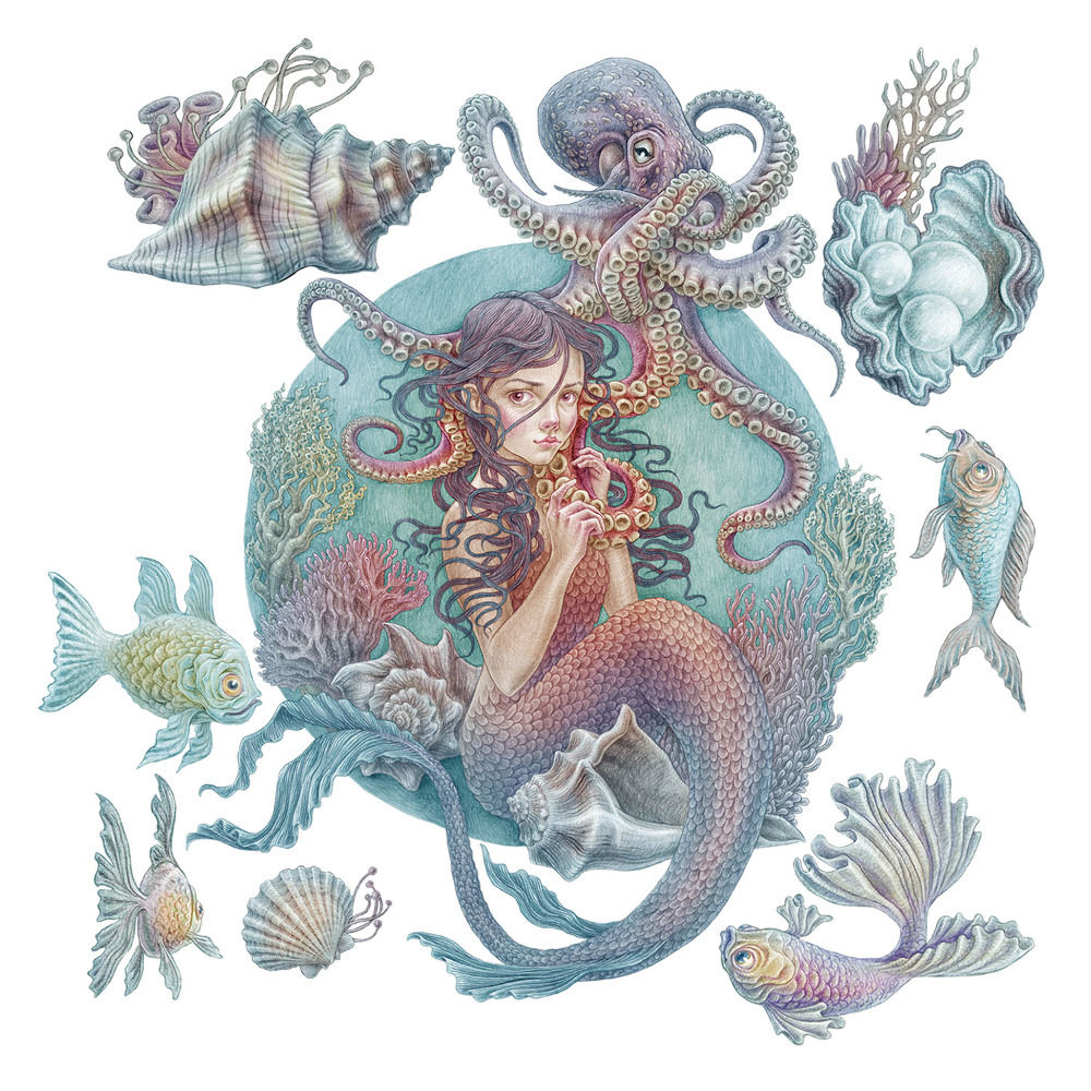 Nálepky na zeď 130x145 Podvodní mušle a pohádková zvířata