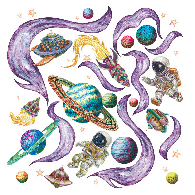 Nálepky na zeď 130x224 Vesmírné rakety a planety v kresleném stylu